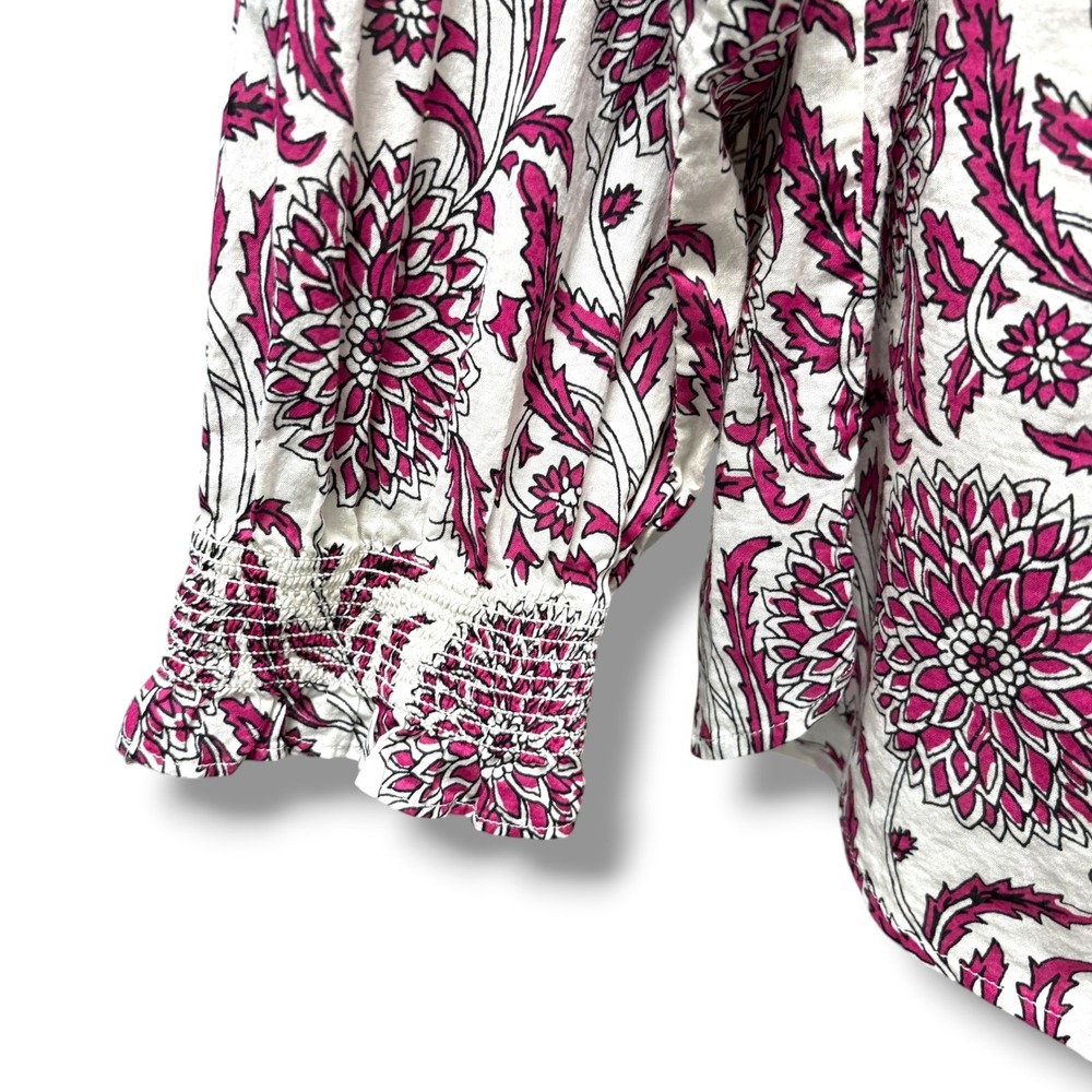 Talbots XL Pink White Dahlia Cotton Ruffle Neck Smocked Cuff Button Front Blouse - Picture 3 of 7